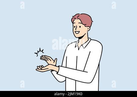 Smiling man clapping hands thanking or showing appreciation. Happy businessman applaud celebrate good deal. Acknowledgement and gratitude. Vector illustration.  Stock Vector