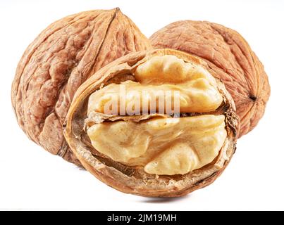 Walnuts and opened walnut with fresh kernel isolated on white background. Stock Photo