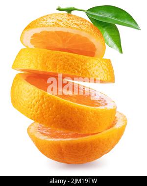 Sliced orange fruit with leaves isolated on white background. File contains clipping path. Stock Photo