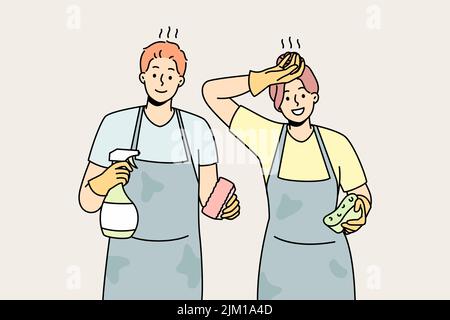 Exhausted couple feel tired after house cleaning. Man and woman in aprons housekeeping together. Household chores. Vector illustration.  Stock Vector