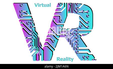 Colorful letters VR abbreviation for Virtual Reality perforated with PCB circuit board tracks isolated on white background. Concept for logo, banners Stock Vector