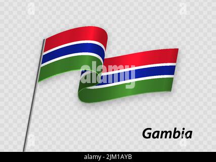 Waving flag of Gambia on flagpole. Template for independence day design Stock Vector