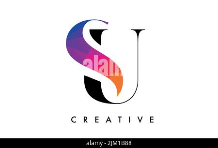 SU Letter Design with Creative Cut and Colorful Rainbow Texture. SU Letter Icon Vector Logo with Serif Font and Minimalist Style. Stock Vector