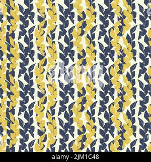 Mono print style leaves abstract striped seamless vector pattern background. Textured cut out grunge foliage in vertical columns. Blue gold painterly Stock Vector