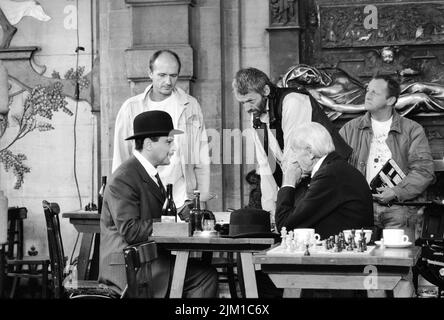 Brussels, Belgium - August 12, 1992: David Suchet actor,Preston Lockwood actor and Ken Grieve director on the set of - the chocolate box - Hercule Poirot at the Grand Place in Brussels Stock Photo