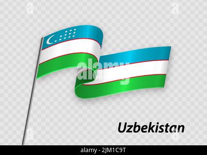 Waving flag of Uzbekistan on flagpole. Template for independence day design Stock Vector