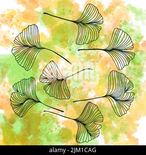 Clover leaves, doodle style outline drawing on a green bright watercolor background, ornament and pattern for a postcard Stock Vector