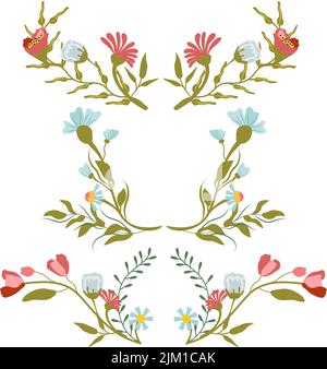 Set of floral wreaths, compositions with wildflowers. Botanical collection branches, flowers, herbs, decorative leaves. Concept of wedding, invitation. Vector illustration. Stock Vector