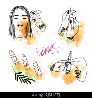 Eyebrow correction, microblading, permanent makeup, tattoo machine, ink, cosmetic procedure process concept, doodle style sketch, watercolor backgroun Stock Vector