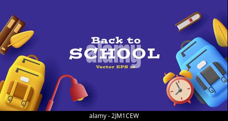 Back to School banner with backpacks and books, autumn leaves and desk lamp, education equipment top view Stock Vector