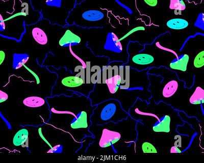 Rave psychedelic, acid trip mushrooms smile seamless pattern. Psychedelic mushrooms with emoji and lightning bolts. Design for posters, banners and pr Stock Vector