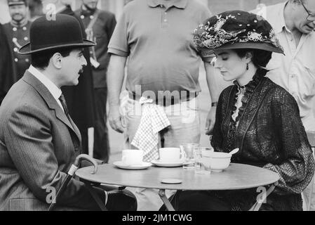 Brussels, Belgium - August 12, 1992: David Suchet actor with Anna Chancellor actress on the set of - the chocolate box - Hercule Poirot at the Cinquantenaire in Brussels Stock Photo