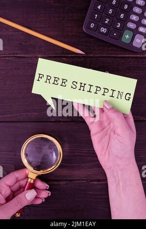 Handwriting text Free Shipping. Conceptual photo Freight Cargo Consignment Lading Payload Dispatch Cartage Hands Of Woman With Thought Bubble Paper Stock Photo