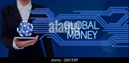 Hand writing sign Global Money. Conceptual photo International finance World currency Transacted globally Businessman in suit holding notepad Stock Photo