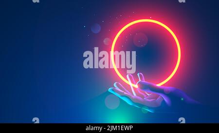Futuristic round red neon frame over hand human. Abstract circle light hanging over palm of scientist. template banner for technological presentation Stock Vector