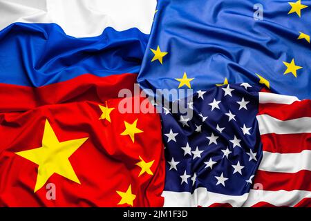 China, USA, EU and Russia national flags Stock Photo