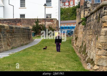 A woman walks her dog between ancient walls at the 17th Century Clifford's Fort at the Fish Quay in North Shields, North Tyneside, UK. Stock Photo