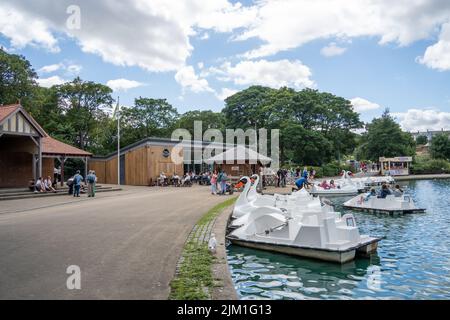 A view of the boating lake at South Marine Park, South Shields, South Tyneside, UK, with swan pedalos and Tony Minchella's cafe. Stock Photo