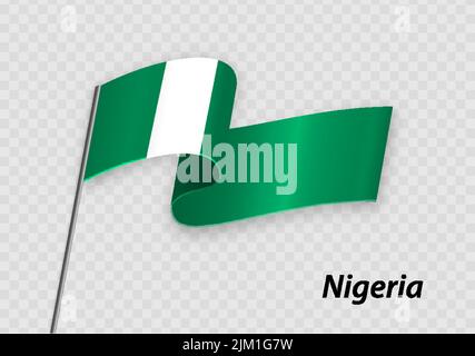 Waving flag of Nigeria on flagpole. Template for independence day design Stock Vector