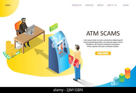 ATM scams landing page website template. Vector isometric illustration of man with plastic card standing in front of automated teller machine and hack Stock Vector