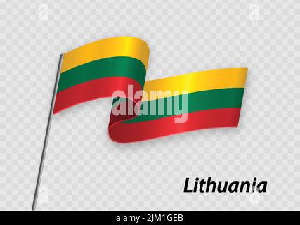 Waving flag of Lithuania on flagpole. Template for independence day design Stock Vector