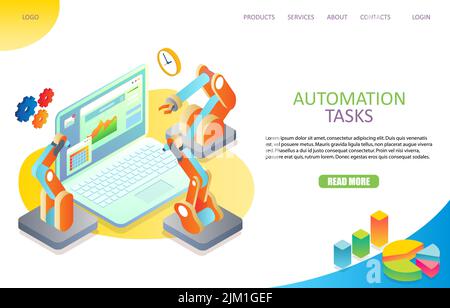 Task automation landing page website template. Vector isometric illustration of laptop and robot arms, gears, clock around it. Workflow automation con Stock Vector