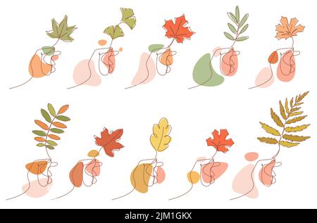 palm of hand holding autumn leaf:maple leaf,ash leaf,oak leaf,etc. continuous line drawing style vector illustration Stock Vector