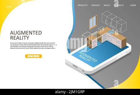 Augmented reality landing page website template. Vector isometric illustration. Augmented reality visualization of kitchen cabinets on smartphone scre Stock Vector