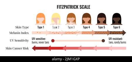 Fitzpatrick skin tone scale phototype melanin index with female avatar. Stock Vector