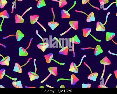 Psychedelic mushrooms seamless pattern. Acid trip, colorful mushrooms in the style of the 80s. Design for posters, banners and promotional products. V Stock Vector