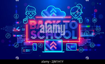 Tech cartoon frame with title back to school. Banner with boy, girl, laptop, kids doodle electronic devices and icons of school subjects. Neon letters Stock Vector
