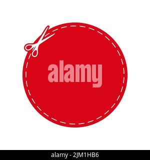 Scissors cut red round coupon dotted line with dash icon. Stock Vector