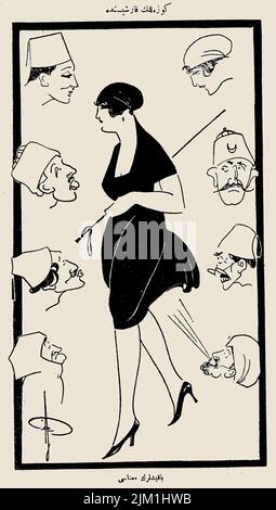 New Ottoman women?s fashion, cartoon from the journal Ayine, 28 May 1922. Museum: PRIVATE COLLECTION. Author: Ramiz Gökce. Stock Photo