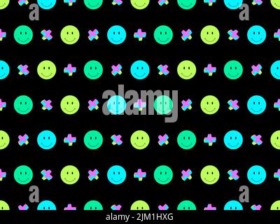 Psychedelic smile faces seamless pattern. Rave psychedelic, acid trip. Colorful emoji smile. Design for billboard, posters and banners. Vector illustr Stock Vector