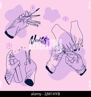 Sterilization of tools for manicure, accessories for beauty masters, nails, sketch in doodle style, watercolor on a pink background Stock Vector