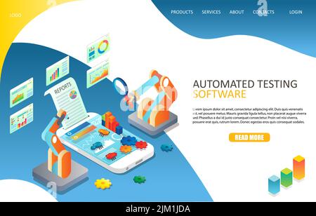Automated software testing landing page website template. Vector isometric illustration of mobile phone and reports, diagrams, cogwheels, software bug Stock Vector