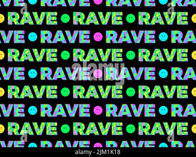 Seamless pattern with text and smile faces. Rave psychedelic, acid trip. Colorful emoji smile on black background. Design for billboard, posters and b Stock Vector