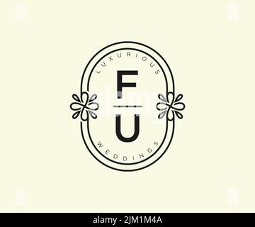 FU Initials letter Wedding monogram logos template, hand drawn modern minimalistic and floral templates for Invitation cards, Save the Date, elegant Stock Vector