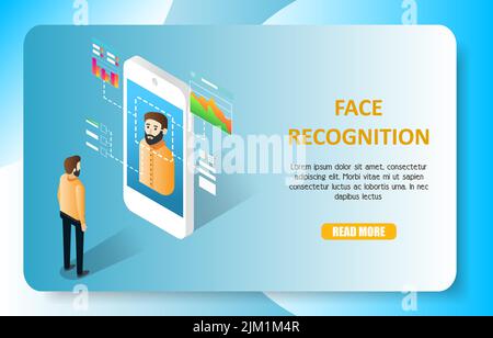 Face recognition landing page website template. Vector isometric illustration of smartphone with facial recognition app scanning person face. Stock Vector