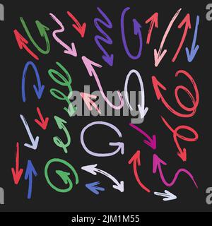 Arrows, different shapes and colors, infographics, signs and symbols drawn with a brush, doodle style Stock Vector