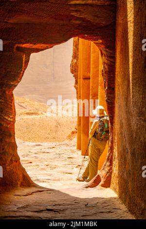 Looking out from the Silk Tomb Petra Jordan. Stock Photo