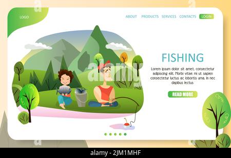 Fishing landing page website template. Vector illustration of happy couple fishing on lake or river bank. Summer vacation, weekend activities concept. Stock Vector