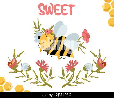 Hexagon Frame with cute honey flowers and bees. Cartoon vector ...