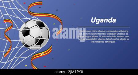 Soccer background with flying ribbons in colors of the flag of Uganda. Realistic soccer ball in goal net. Stock Vector