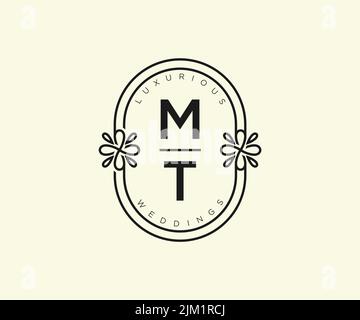MT Initials letter Wedding monogram logos template, hand drawn modern minimalistic and floral templates for Invitation cards, Save the Date, elegant Stock Vector