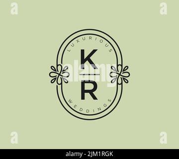 KR Initials letter Wedding monogram logos template, hand drawn modern minimalistic and floral templates for Invitation cards, Save the Date, elegant Stock Vector