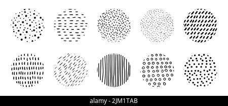 Hand drawn circle textures. Vector abstract doodle artistic scribbles. Minimal dotted and striped patterns Stock Vector