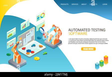 Automated software testing landing page website template. Vector isometric illustration of laptop and reports, diagrams, cogwheels, software bugs, rob Stock Vector