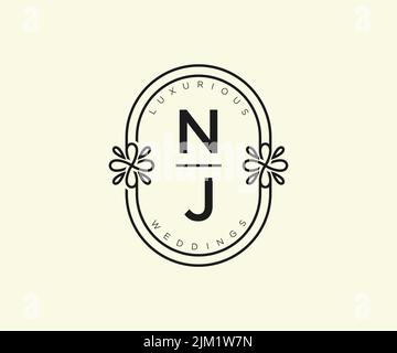 NJ Initials letter Wedding monogram logos template, hand drawn modern minimalistic and floral templates for Invitation cards, Save the Date, elegant Stock Vector