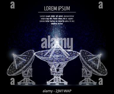 Radio telescope low poly wireframe mesh made of points, lines and shapes. Vector polygonal art style illustration. Satellite dish with antenna used to Stock Vector